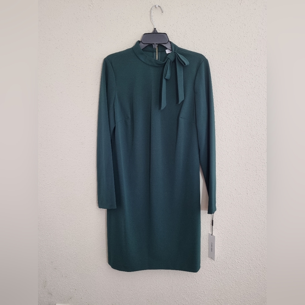 Calvin Klein Dark Green Long Sleeve Dress With Tie Neck Detail NWT Size 12 - Picture 2 of 8